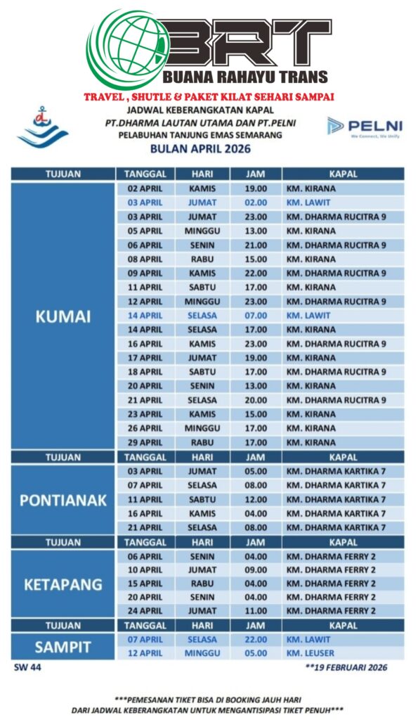 Jadwal kapal dari Pelabuhan Tanjung Emas Semarang menuju Kumai, Pontianak, Ketapang, dan Sampit pada bulan April 2026