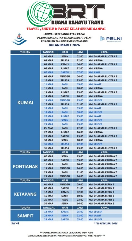 Jadwal kapal dari Pelabuhan Tanjung Emas Semarang menuju Kumai, Pontianak, Ketapang, dan Sampit pada bulan Maret 2026